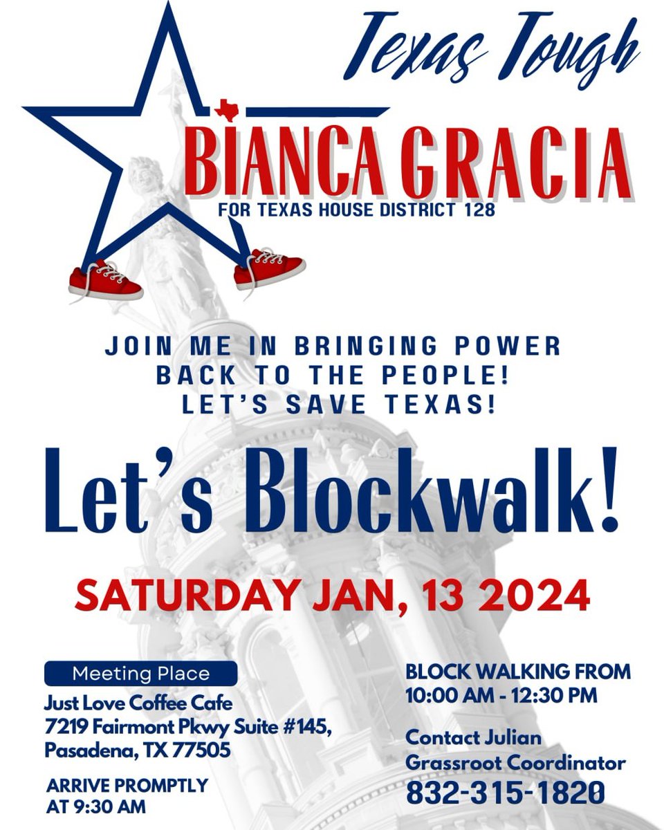 BiancaForTexas's tweet photo. Be part of the momentum! Join #TeamBianca! 🙌

Bring comfortable shoes, your conservative values, and get ready to make an impact for a change in Texas HD128! 🙌

#BiancaForTexas #TexasHD128 #ConservativeValues #BlockWalk #Volunteers #TexasTough #Vote https://t.co/5W3RShMR6f