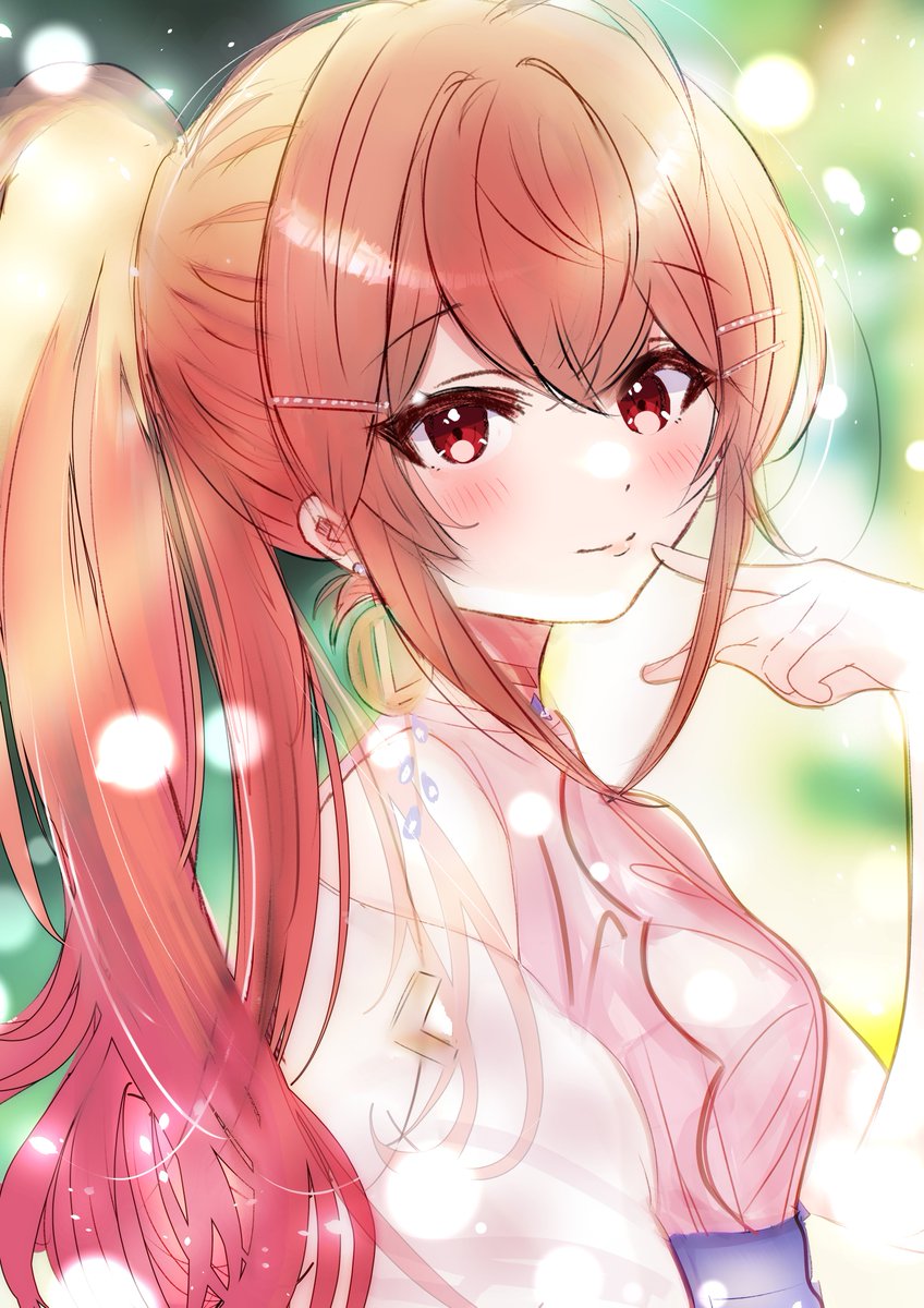 1girl solo red eyes ponytail blush looking at viewer long hair  illustration images