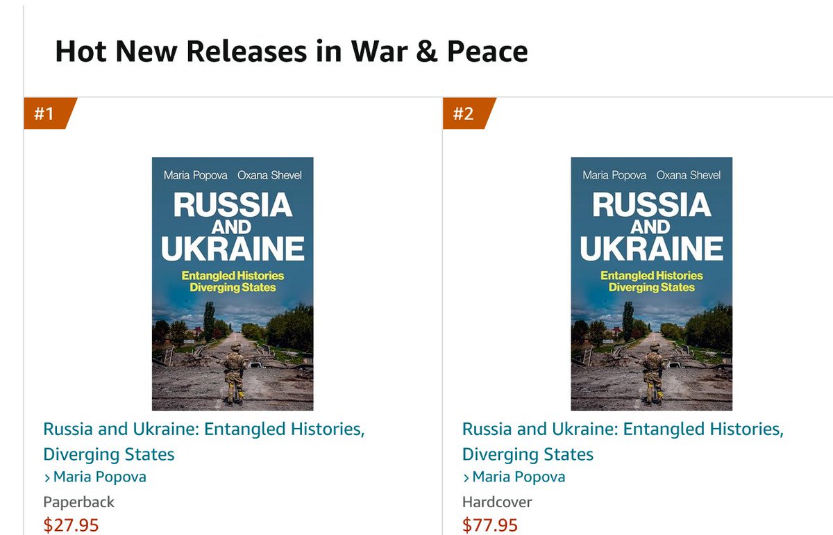 PopovaProf's tweet image. Our book isn't straightforwardly about "war and peace", but about the regime and identity divergence between Ru and Ukraine, which Ru refuses to accept. We'll take the "hot new releases" label, though! Thanks, Amazon. @OxanaShevel @politybooks