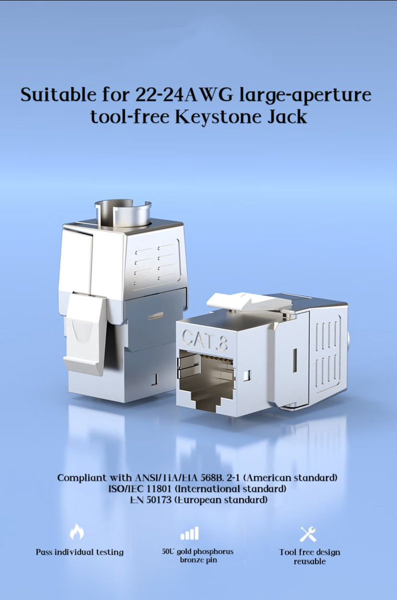 CableWinte8851's tweet image. 🤗 😎 2024 New Product is Coming !!!
📣 ✔ Pass 100% Component testing - #CAT8 Keystone Jack Module

#Linoya has been striving to innovate products and make them more refined. The CAT8 toolless Keystone jack is the latest product launched by our R&amp;amp;D team. 🎉 🎉 🎈
