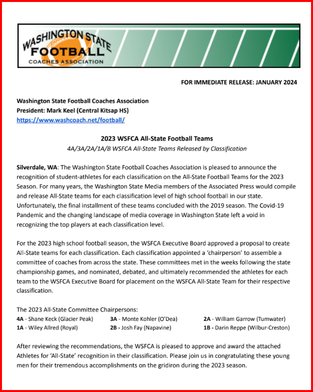 CapCityFBClinic's tweet photo. 🚨WSFCA ALL-STATE FOOTBALL 1B, 2B, 1A🚨

The Washington State Football Coaches Association has released All-State Teams for each classification for the 2023 season.

Congratulations to all of the players who earned this honor! https://t.co/Sxju01qwQI