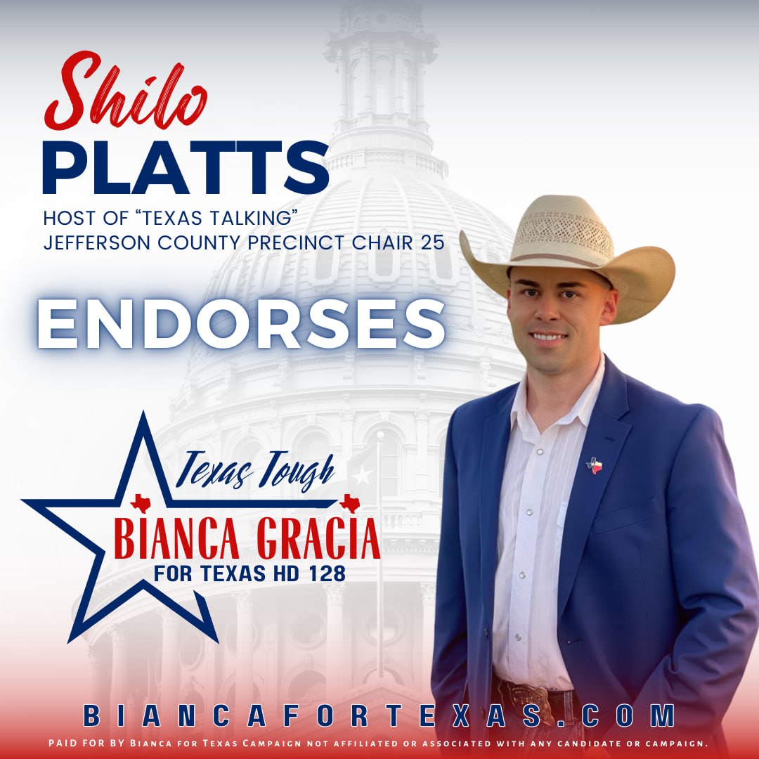 BiancaForTexas's tweet photo. 📣 Endorsement Announcement:

Host of Texas Talking and Jefferson County Precinct Chair 25 @ShiloPlatts has endorsed Bianca Gracia for Texas HD128! 

Another AMAZING Endorsement! 🤩 

Thank you, Shilo! 

#BiancaForTexas #TrueConservatives #TexasHD128 #Vote https://t.co/lWshNuzTCL