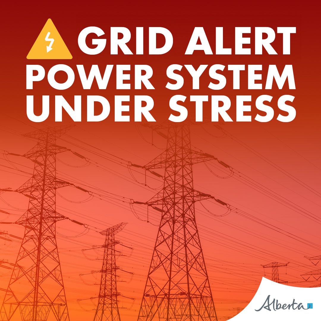 ⚠️ Warning: the Alberta Electric System Operator (AESO) has issued a grid alert for Alberta. 

Right now, wind is generating almost no power. 

When renewables are unreliable, as they are now, natural gas plants must increase capacity to keep Albertans warm and safe.

Please stay