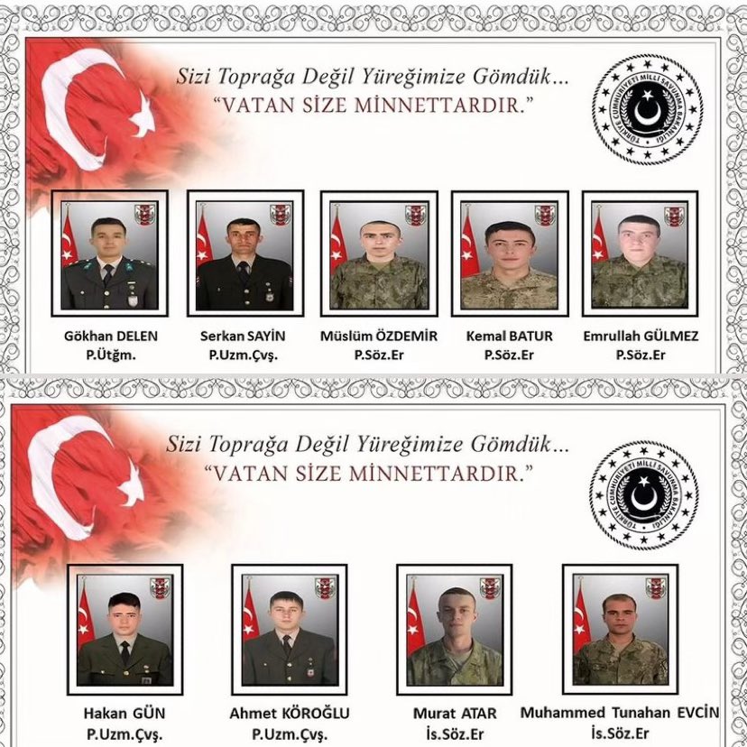 Giresunybeyaz's tweet photo. 🇹🇷🇹🇷🇹🇷🇹🇷🇹🇷🇹🇷🇹🇷🇹🇷🇹🇷 

Sizi Toprağa Değil Yüreğimize Gömdük...
"Vatan Size Minnettardır." 

Pençe-Kilit Harekâtı bölgesinde 12 Ocak 2024 tarihinde Şehit olan kahraman askerlerimiz
Aziz Milletimizin başı sağ olsun 🇹🇷🇹🇷🇹🇷

#şehit #giresunyeşilbeyaz #giresun https://t.co/H3yQUcCAV0