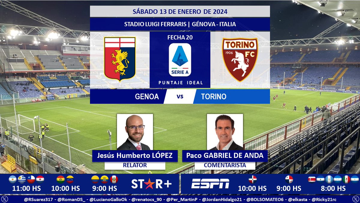 ⚽ #SerieA 🇮🇹 | #Genoa vs. #Torino 🎙 Relator: @Yisus74 🎙 Comentarista: @PacoGabriel_5 📺 #ESPN Centroamérica y México 💻📱 @StarPlusLA Latinoamérica 🤳 #SerieAxESPN - #ESPNenStarPlus - #GenoaTorino Dale RT 🔃
