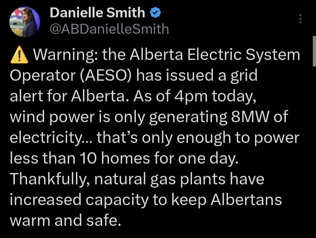 Premier Smith re-issuing her tweet about Alberta's grid alert. Tweet keeps dig at wind power (still with no mention of two natl gas generator outages) but deletes any semblance of math, incorrect or otherwise. #yeg #yyc #ableg