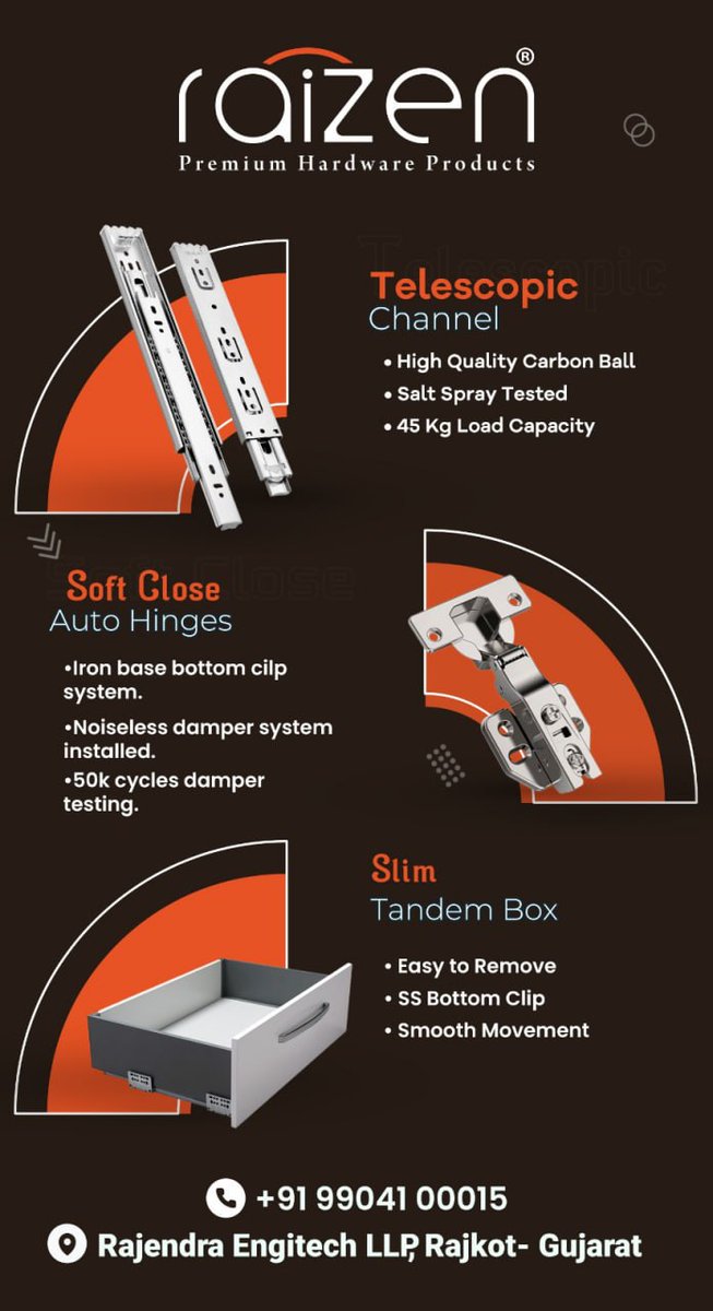 ibais_hardware's tweet photo. RAJENDRA ENGITECH LLP (RAJKOT)
For enquiry via WhatsApp click:
https://t.co/YNGghrqmfT
Mr. Jaydeep Patel:- +91 9904199915
#telescopicslidingsystem #telescopicslider #telescopicchannels #autohinges #autohingesmanufacturer #autohingesfitting #tandembox
.
@ibais_hardware https://t.co/h1d7ZOdUdH