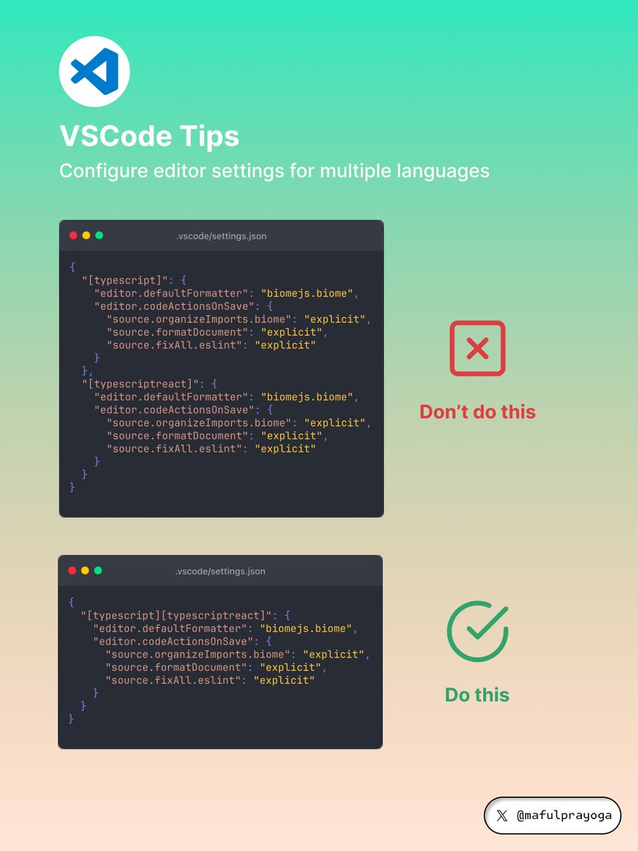 mafulprayoga's tweet image. 👉 VSCode Tips!
VSCode allows you to configure editor settings for multiple languages. Stop repeating the same configuration.
#vscode #vscodetips