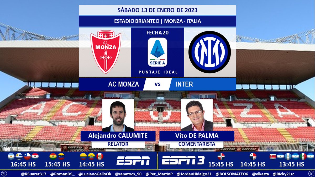 ⚽ #SerieA 🇮🇹 | #Monza vs. #Inter 🎙 Relator: @alecalumite 🎙 Comentarista: @vitodepalma (@CalcioDePalma) 📺 #ESPN Sur // #ESPN3 Norte 💻📱 @StarPlusLA Latinoamérica 🤳 #SerieAxESPN - #ESPNenStarPlus - #MonzaInter Dale RT 🔃