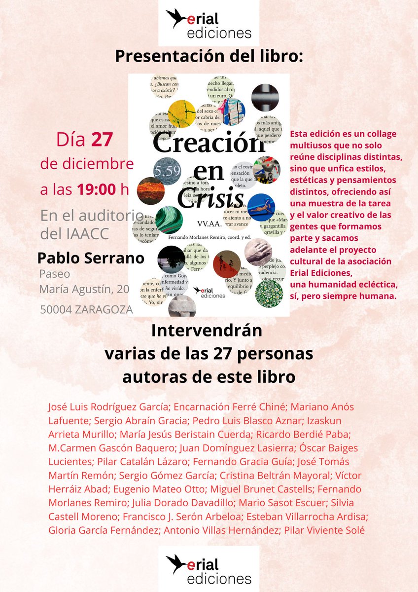 PilarViviente's tweet photo. Ya pueden adquirir el libro "Creación en Crisis" en el que tengo el honor de participar.

Una edición de @ErialEdiciones1 
en la que personalidades destacadas de la cultura aportan sus creaciones artísticas y literarias en un contexto plural de estilos y pensamientos. https://t.co/ucZl6KNeaK