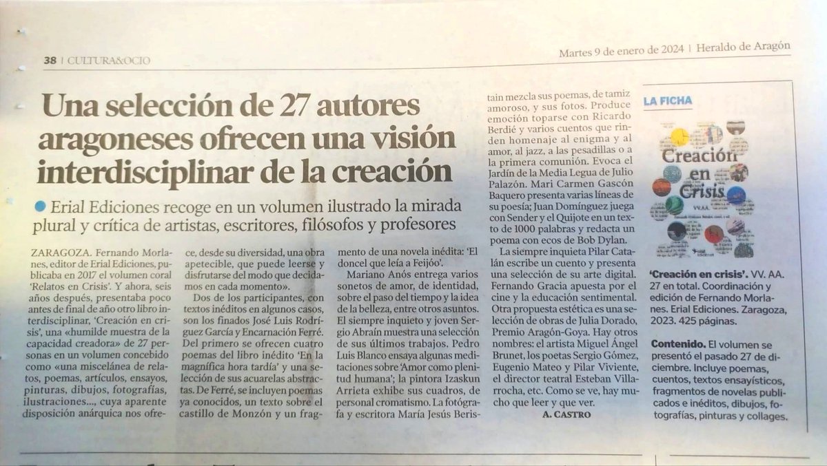 PilarViviente's tweet photo. Ya pueden adquirir el libro "Creación en Crisis" en el que tengo el honor de participar.

Una edición de @ErialEdiciones1 
en la que personalidades destacadas de la cultura aportan sus creaciones artísticas y literarias en un contexto plural de estilos y pensamientos. https://t.co/ucZl6KNeaK