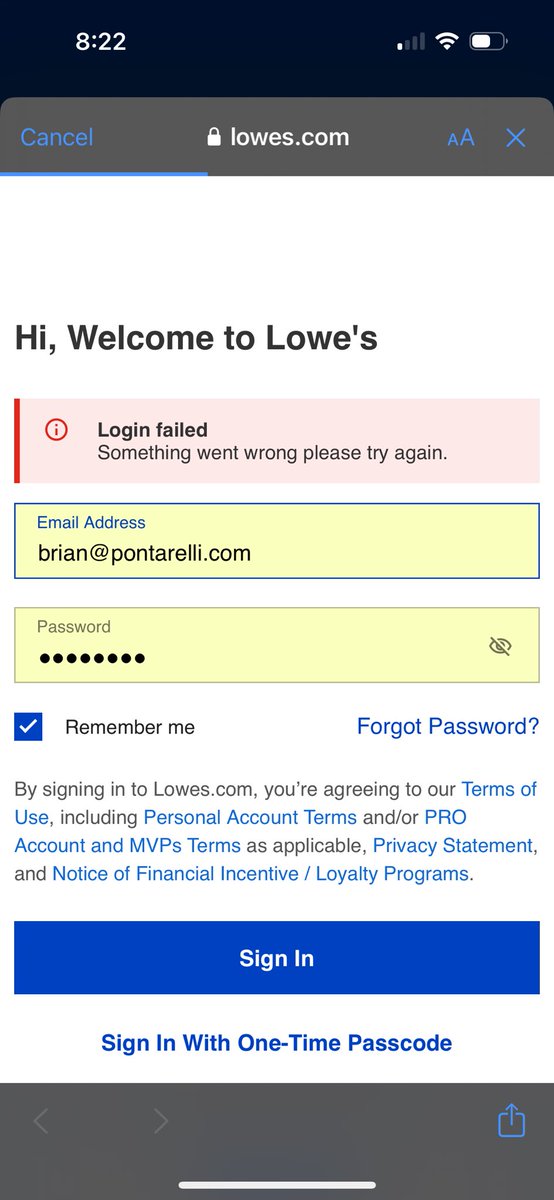 Looks like <a href="/Lowes/">Lowe's</a> is having a login outage. <a href="/FusionAuth/">FusionAuth</a> doesn’t 500 on login so I’m wondering why their login system is busted.