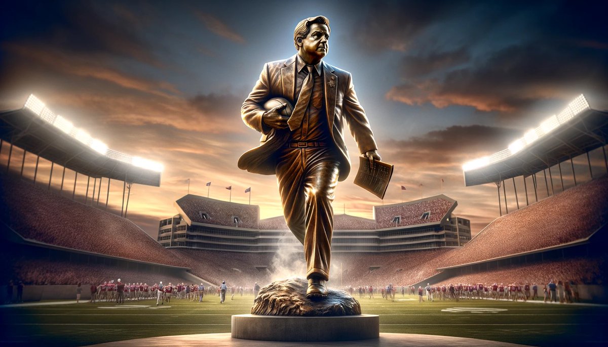 MarkOnCFB's tweet photo. Coach Saban’s statue alive and striding off the field one last time. #AIArtwork https://t.co/muq5TPHNZw