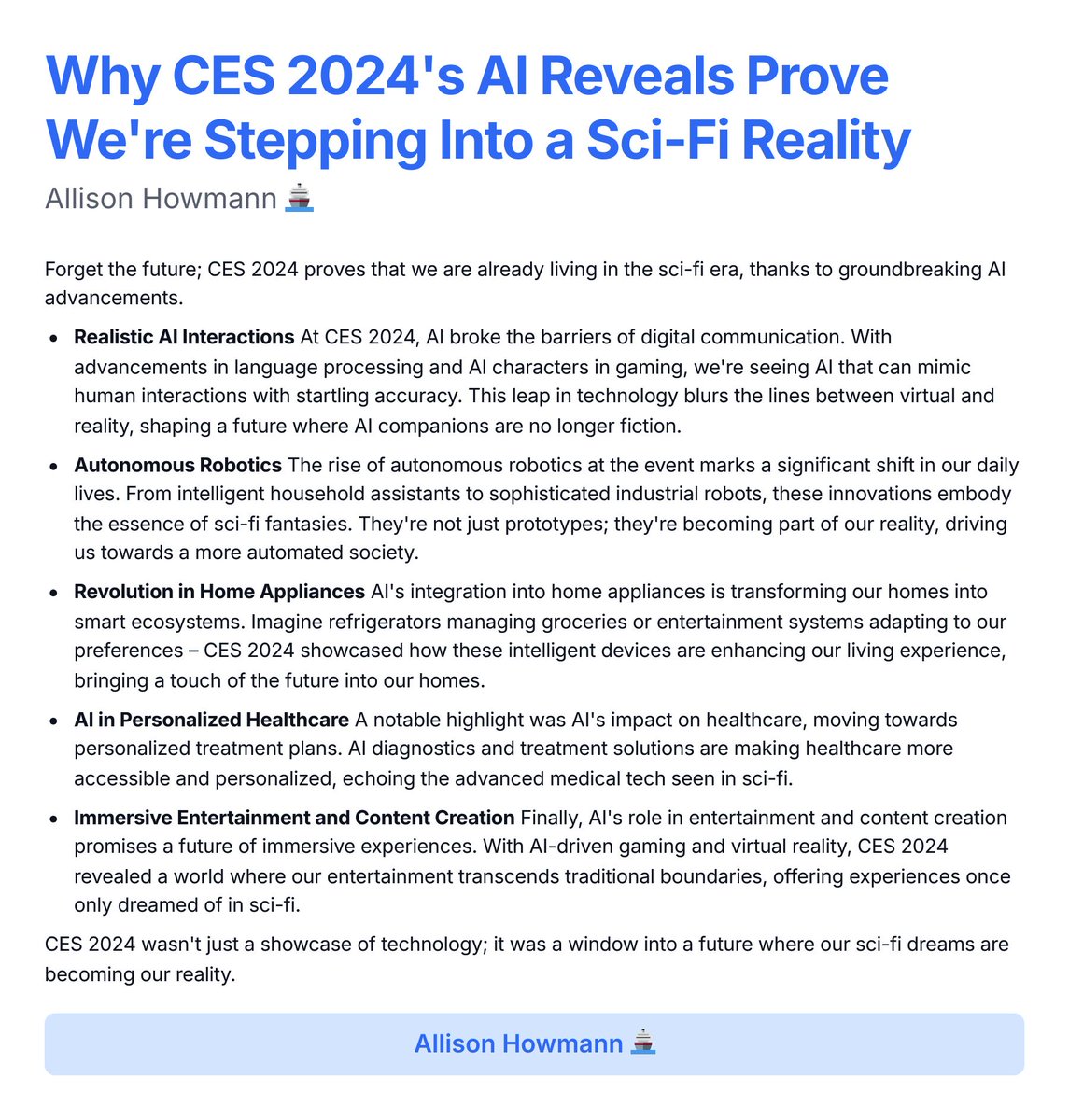 AllisonHowmann's tweet photo. Why CES 2024's AI Reveals Prove We're Stepping Into a Sci-Fi Reality #CES2024AI #FutureTechRevealed #AIInnovation2024 #SciFiReality #RoboticRevolution #SmartHomeAI #HealthcareTransformation #ImmersiveAITech #CESAIAdvancements #NextGenAI https://t.co/bMQACdQKgf