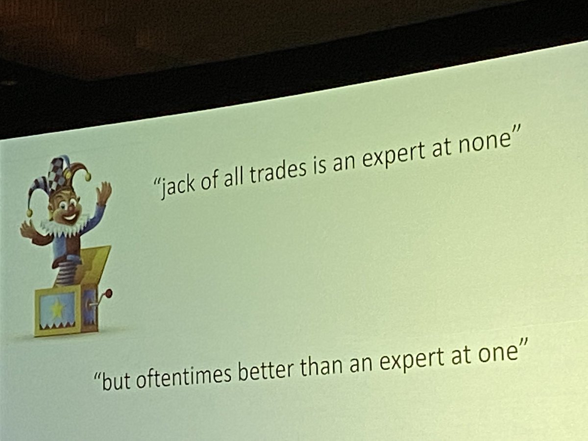 Role of a generalist in #Leadership. Great Frame Lecture by @kBraselDazzle - completely validating my life (and many others) as a trauma and Acute Care surgeon.

Breadth>>>Depth
Generalization>>Specialization

“Jack of all trades” is a compliment. Read the whole quote #EAST2024