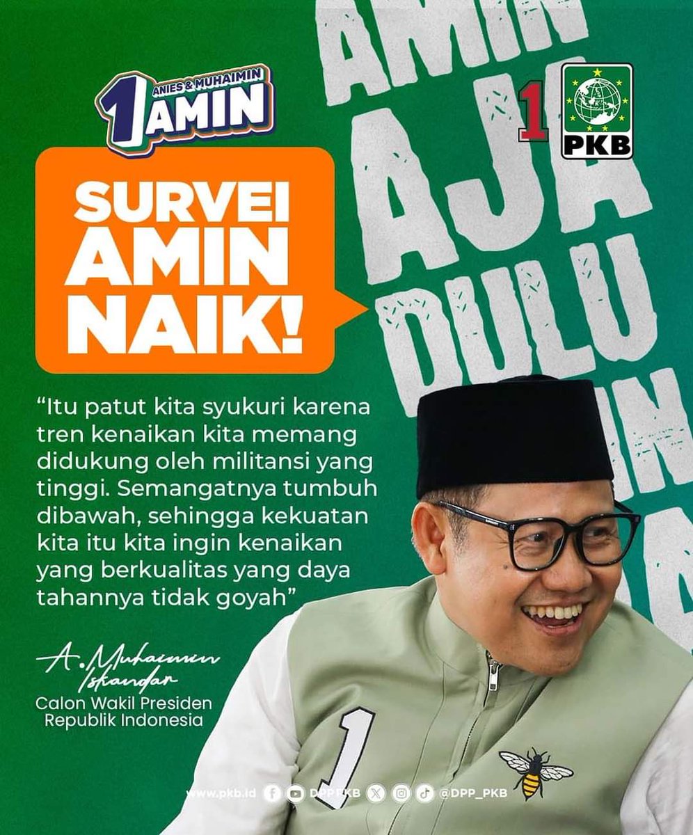 Peningkatan Survei AMIN bukan hanya angka, tapi adalah panggilan untuk bekerja lebih baik 💪🚀 ☝🏻

#AMINAjaDulu
#AniesMuhaimin