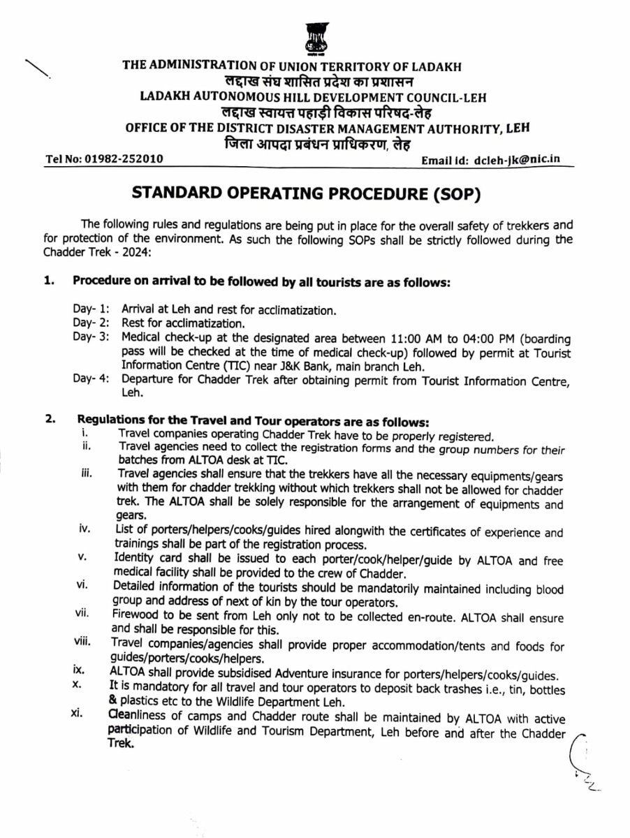 utladakhtourism's tweet image. Office of the District Disaster Management Authority, Leh issues #StandardOperatingProcedure (SOP) for the overall safety of trekkers and for protection of the environment.   

The SOPs shall be strictly followed during the #ChaderTrek2024. 

@lg_ladakh  @DC_Leh_Official