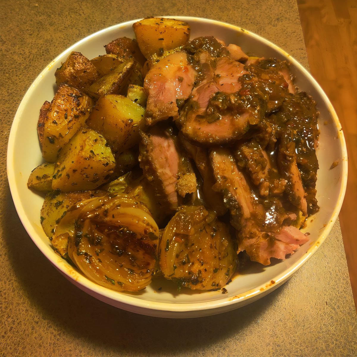 Space_Boy_Ben's tweet photo. Dinner: braised pork shoulder, oven roasted yukon gold potatoes and yellow onions https://t.co/IHoMzLdh1X
