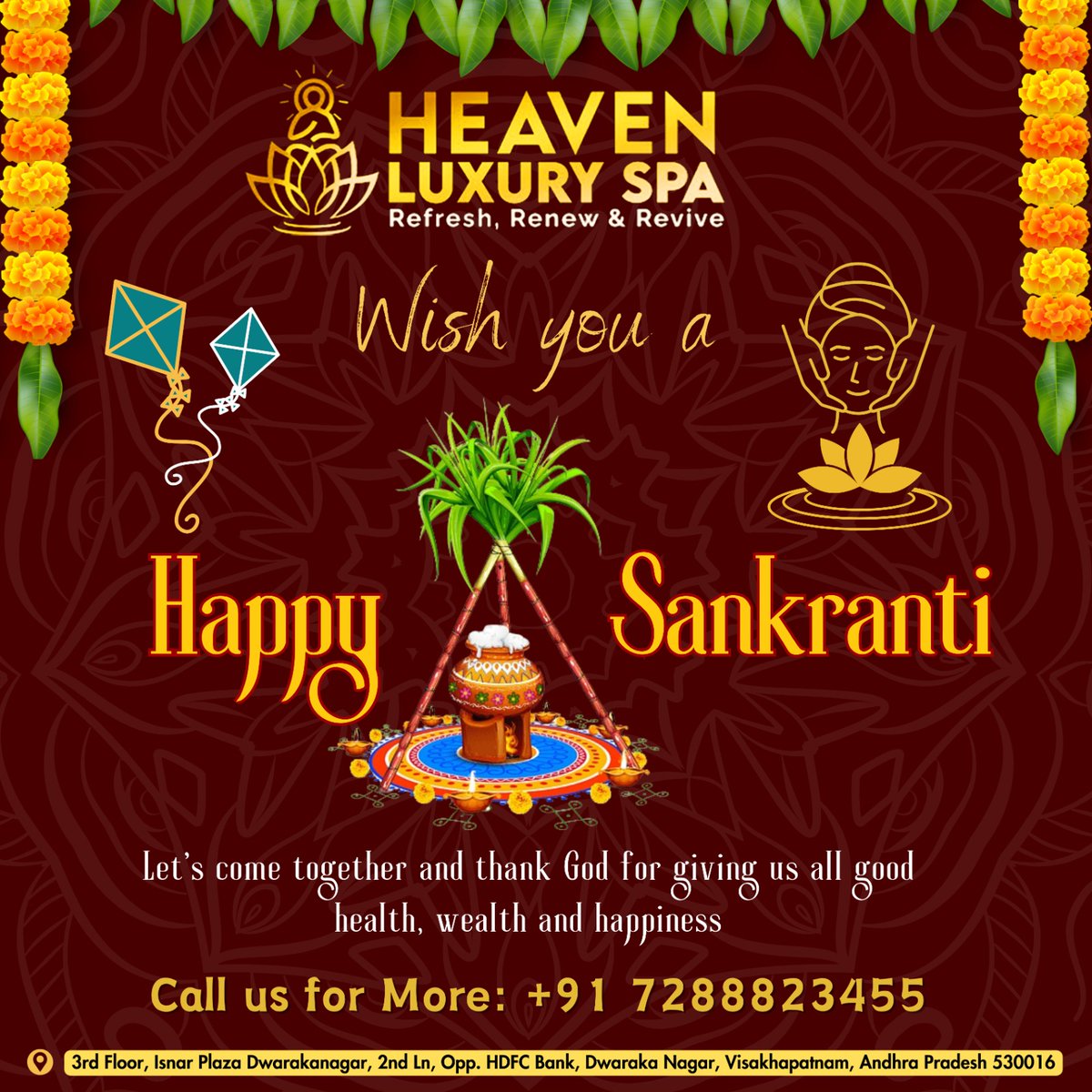 heavenluxuryspa's tweet image. Wishing you a Happy Sankranthi from Heaven
Luxury Spa, where relaxation meets celebration! 

Call us at: +91 7288823455

#SankranthiBliss #HeavenlyHarvest #SpaJoy
#FestivalRadiance #KiteFiesta #SeasonalSerenity
#CelebrationInStyle #HarvestHappiness #SpaMagic
#SankranthiCheers