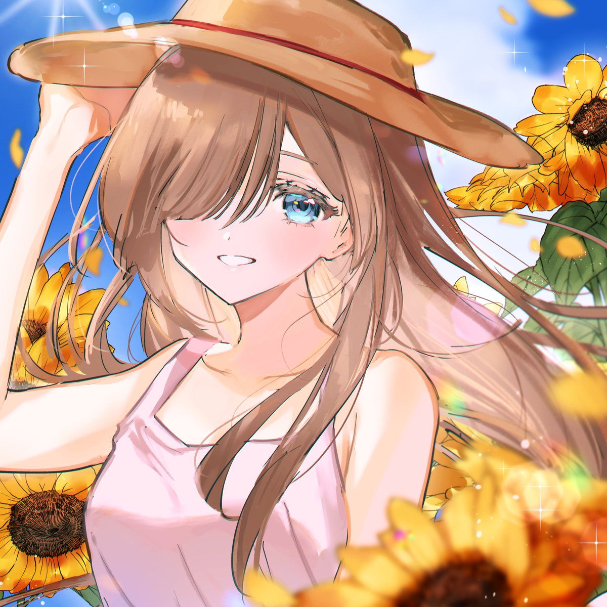 1girl flower solo sunflower hat brown hair blue eyes  illustration images