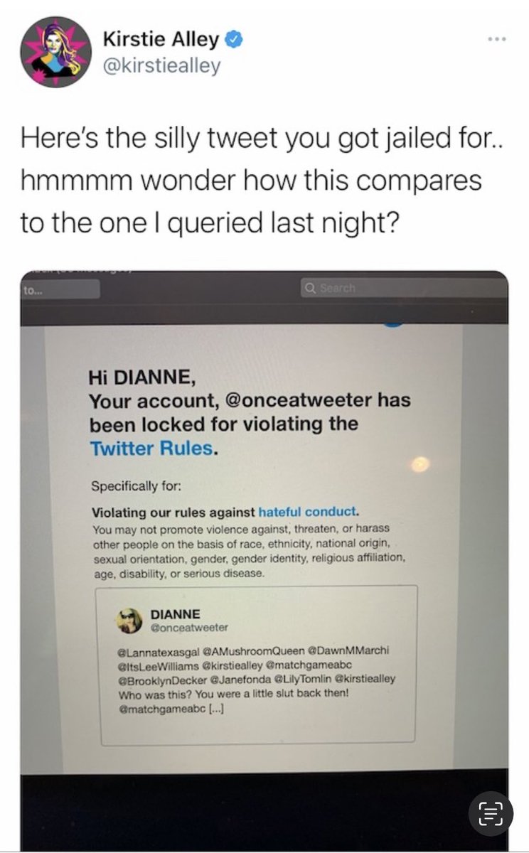onceatweeter's tweet photo. I found SOME of the many times I got kicked off Twitter for jokingly calling her a slut! And she came to my rescue. #SexualInnuendo Happy Birthday K @kirstiealley π³π€£π©· https://t.co/6u0X3wSCnQ