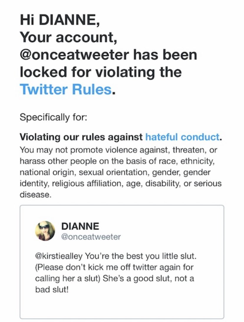 onceatweeter's tweet photo. I found SOME of the many times I got kicked off Twitter for jokingly calling her a slut! And she came to my rescue. #SexualInnuendo Happy Birthday K @kirstiealley π³π€£π©· https://t.co/6u0X3wSCnQ