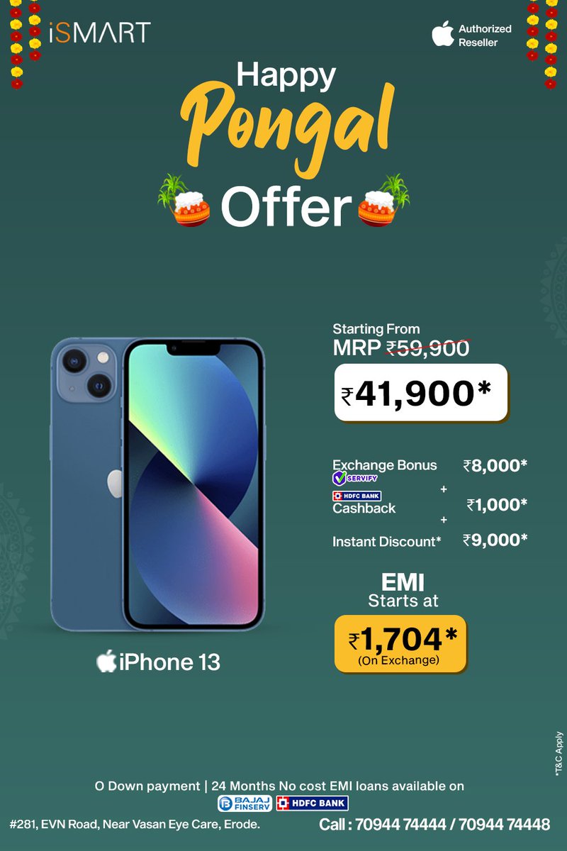 Ring in the festive season with a touch of modern magic! ✨📱
Grab the iPhone 13 Pongal offer and celebrate Pongal in style.
Elevate your tech game with cutting-edge innovation! 

#iPhone13 #PongalOffer #TechHarvest #AppleTechDelight #iPhoneGlam #SmartwatchElegance #iGadgetLove