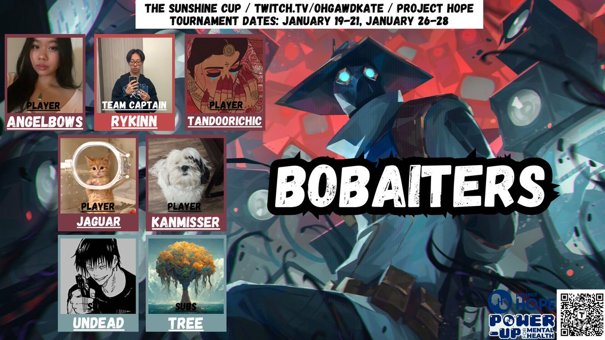 ohgawdkate's tweet photo. INTRODUCING OUR FIRST TEAM FOR THE SUNSHINE CUP! ☀️TEAM BOBAITERS! 🧋

WILL THE BOBAITERS BAIT THEIR WAY TO THE TOP? 
(just like the lurking reyna in my comp games xD)

TEAM CAPTAIN: 
@ryk1nn

PLAYERS: 
@angelbowz
@/tandoorichic
@/FRPerksu
@LR_Jaguar

SUBS: 
@/undeadezpz
@/randotree

WHEN: JANUARY 19-21 
WHERE: https://t.co/s6hjApmhPb
CHARITY: @projecthopeorg