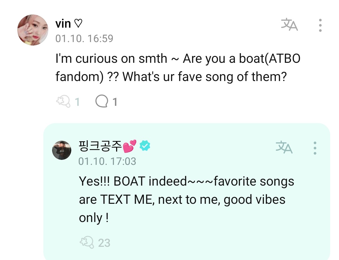 TUNEXX_NEWS's tweet photo. SECRET NUMBER's Jinny said to a fan on Weverse, that her favorite ATBO's songs are "TEXT ME, Next To Me, Good Vibes Only!"

#ATBO #에이티비오
@ATBO_members @ATBO_ground https://t.co/IMG8xBJMgw