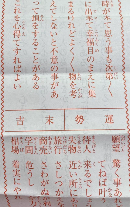 お正月初詣おみくじが「末吉」だった。…なんとなく不服で、浅ましく欲深い私は本日別の神社に詣でおみくじを引き直したんだけど再び「末吉」。
ダメ押しされた気分、くうっ…。でもググったらどんどん良くなる運勢らしいね、なら良いか。いい事だけ信じる。 