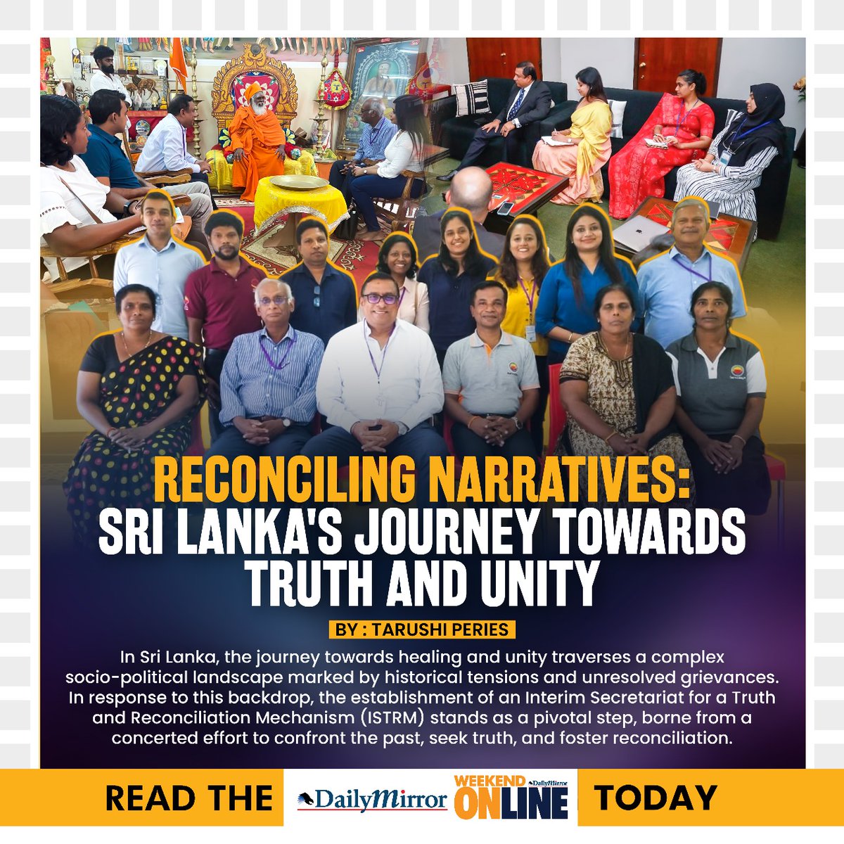 Dailymirror_SL's tweet photo. Reconciling Narratives: Sri Lanka's Journey towards Truth and Unity
By: Tarushi Peries
Read the Full Article Today - The Weekend Online, Daily Mirror.
#TheWeekendOnline #DailyMirror #TRC #SriLankaReconciliation #TruthAndUnity #TRCJourney #TarushiPeries #Colombo #SriLanka #UnityInDiversity
https://t.co/7OgQF9bCLT