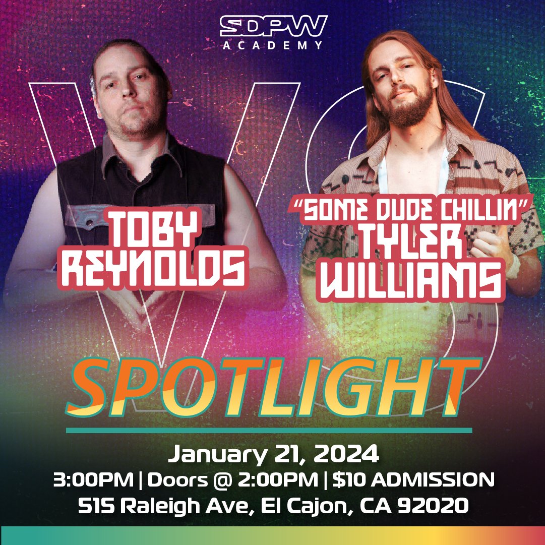 🚨 NEXT SUNDAY 🚨 Next Sunday on the newest edition of Spotlight will feature Toby Reynolds going 1-on-1with 'Some Dude Chillin' Tyler Williams #SDPWA #Spotlight #prowrestling #sandiego 🎨 @howellns1