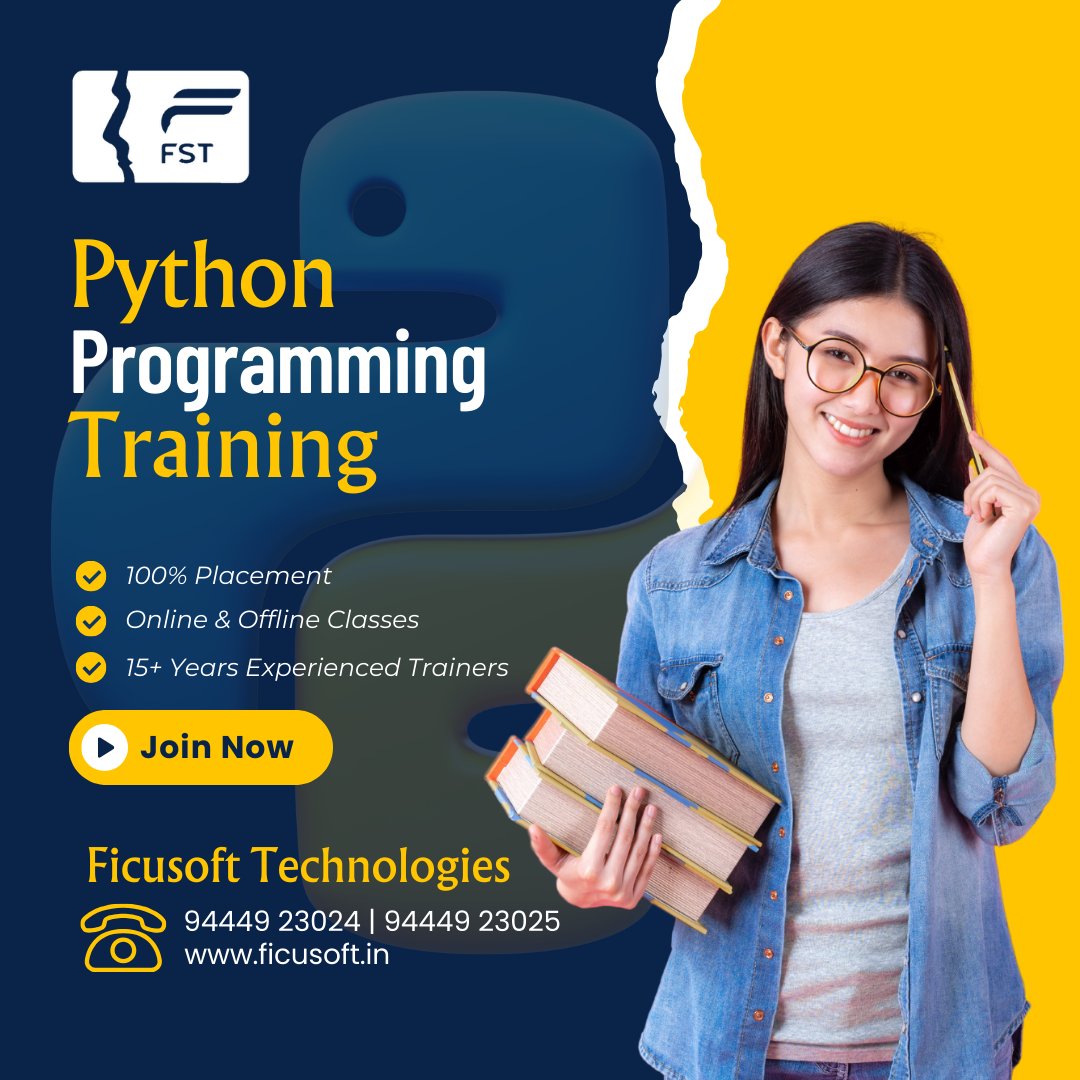 ficusoft's tweet photo. 🐍 Python Programming Training - Ignite Your Coding Journey! 💻✨

Ready to explore the world of Python? Join our training course and unravel the power of programming.

Ficusoft Technologies 💻🚀
📞 Contact: 94449 23024 | 94449 23025
🌐 Website: https://t.co/4XOIm4vaN5
 #Python https://t.co/QDSAk60q2i