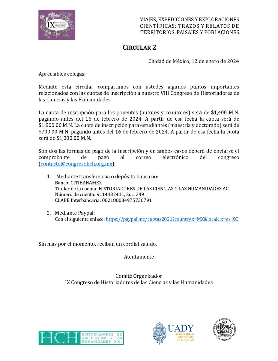 hch_mexico's tweet photo. IX Congreso de HCH
Circular 2
Información relativa al pago de cuota de inscripción.
Consulte: https://t.co/WKewSaAzoV https://t.co/79kfQEr00h