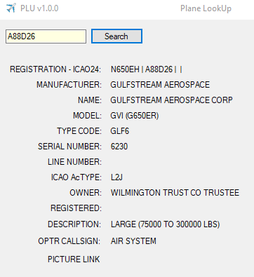 N650EH | A88D26
WILMINGTON TRUST CO TRUSTEE
ibit.ly/C8XVd
#PlaneAlert #AvGeek #ADSB #planespotting #OSINT #12Ene