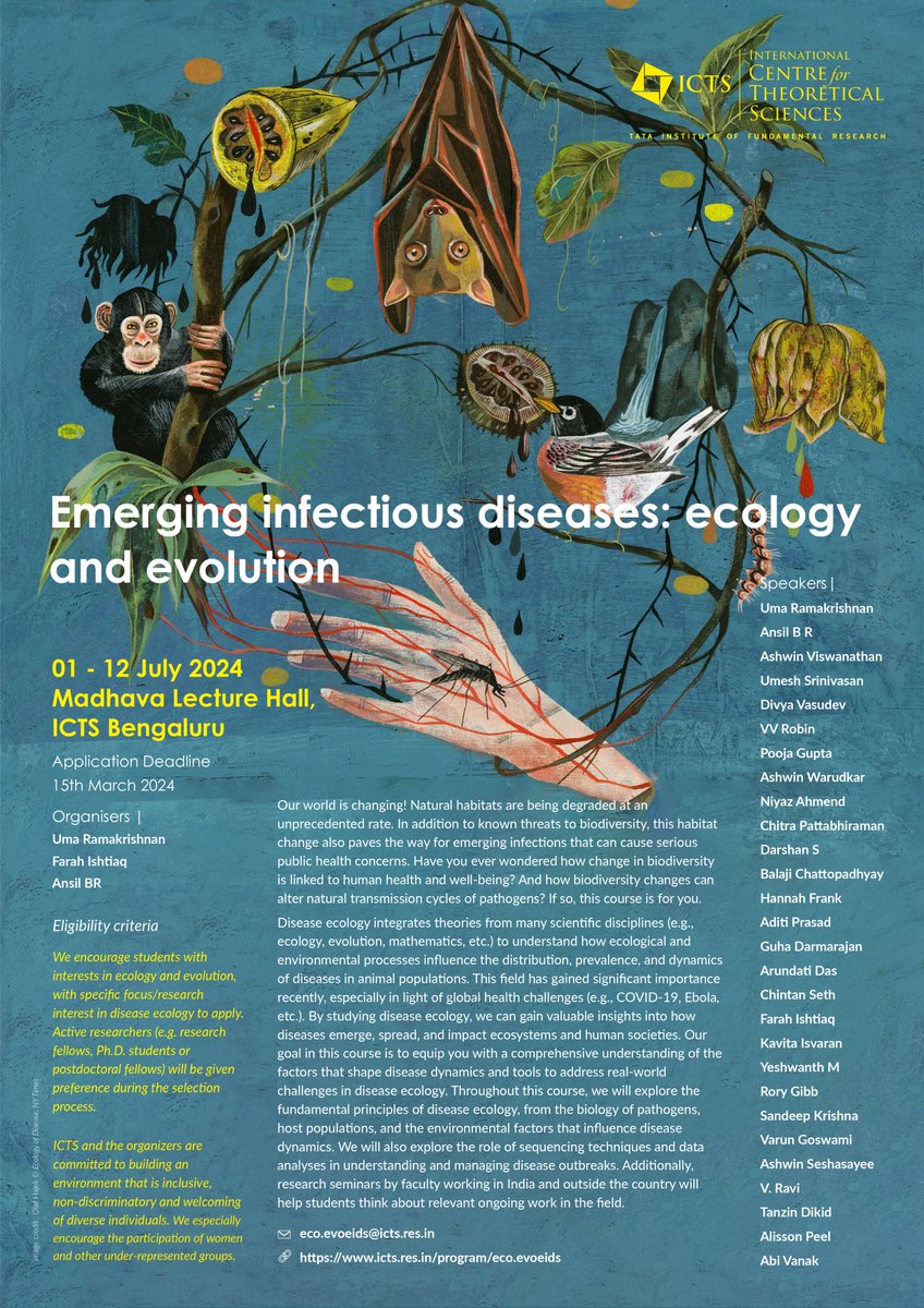 Very excited to be co-organising a workshop on 'emerging infectious disease:ecology and evolution'. July 1-12, 2024! icts.res.in/program/eco.ev… Applications open! register1.icts.res.in/ecoevoeids with @fishtiaq @ansilbr2009 and supported by @ictstifr.