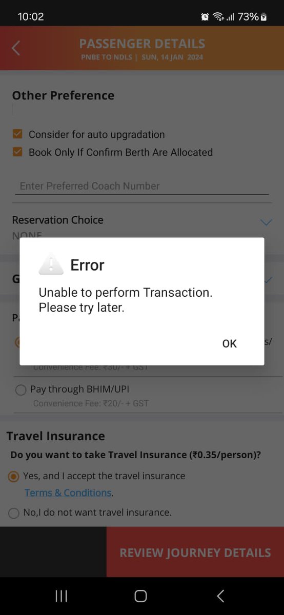 adarshvrm001's tweet photo. @AshwiniVaishnaw @IRCTCofficial @RailMinIndia @RailwaySeva @EasternRailway if i book normal train tatkal this error comes if I book #tejas or #rajdhani I am able to do booking why ? https://t.co/qfQ5OVMxSc