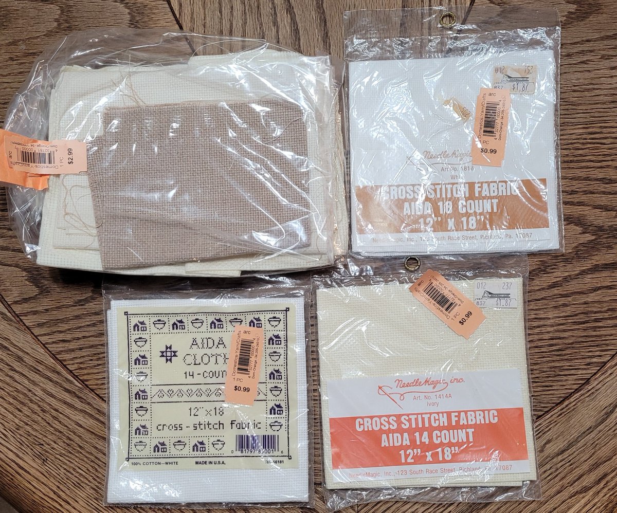 SeeingTwo's tweet photo. #FridayNightFind I bought 3 unopened 14 ct & 18 ct cross stitch aida at the charity shop. And a big bag of misc scraps. Total price $5.96 ๐๐ชก https://t.co/TbWry1jqvp