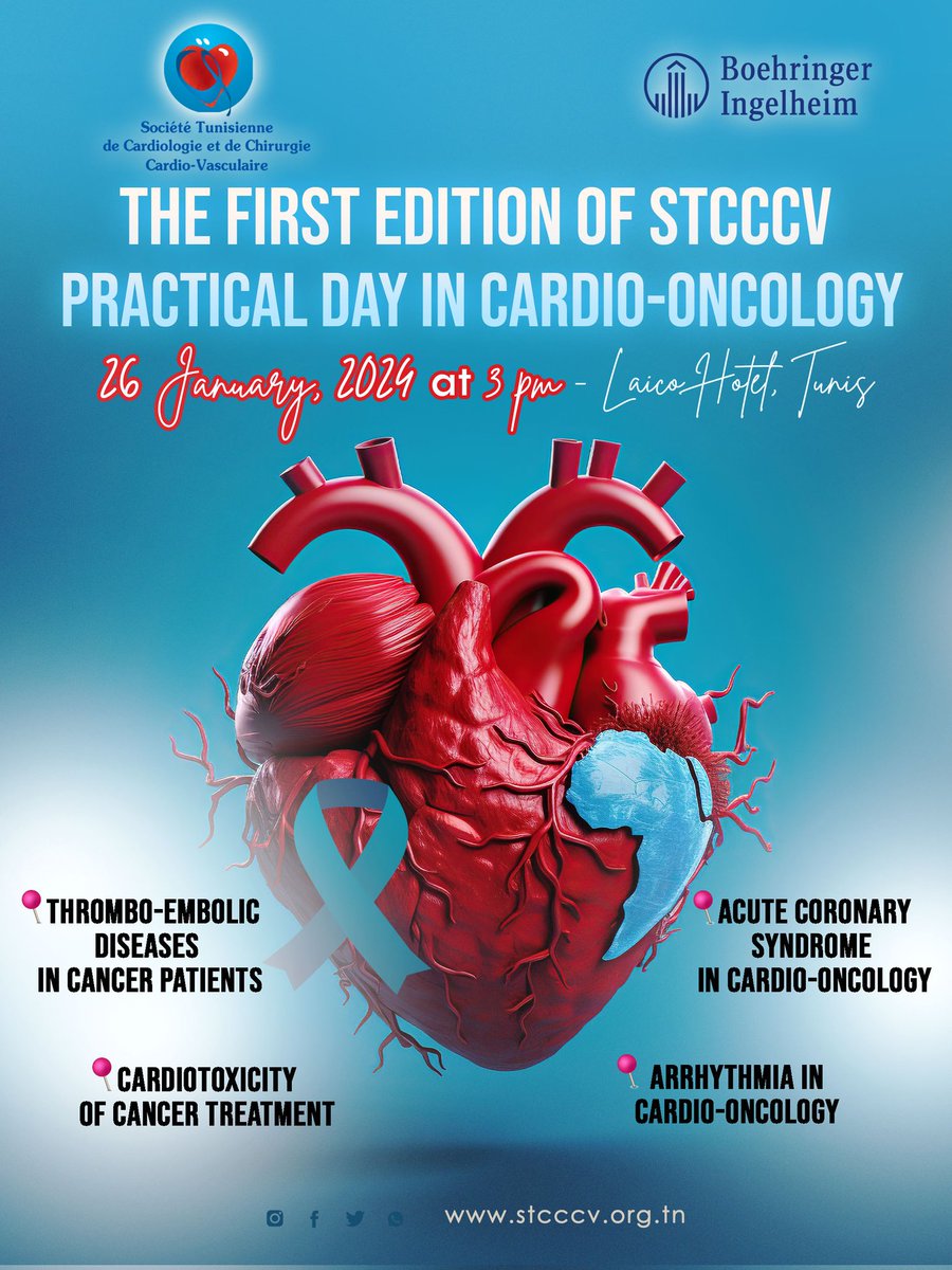 🌟soyez parmi nous  à la 1ère édition des Journées Pratiques de Cardio-oncologie de la STCCCV🤞, le 26 janvier 2024 à 15h à l'hôtel Laico Tunis.

✍️ Programme et lien d'inscription : stcccv.org.tn/Home/evenement…
#Cardiooncologie #STCCCV #pratique