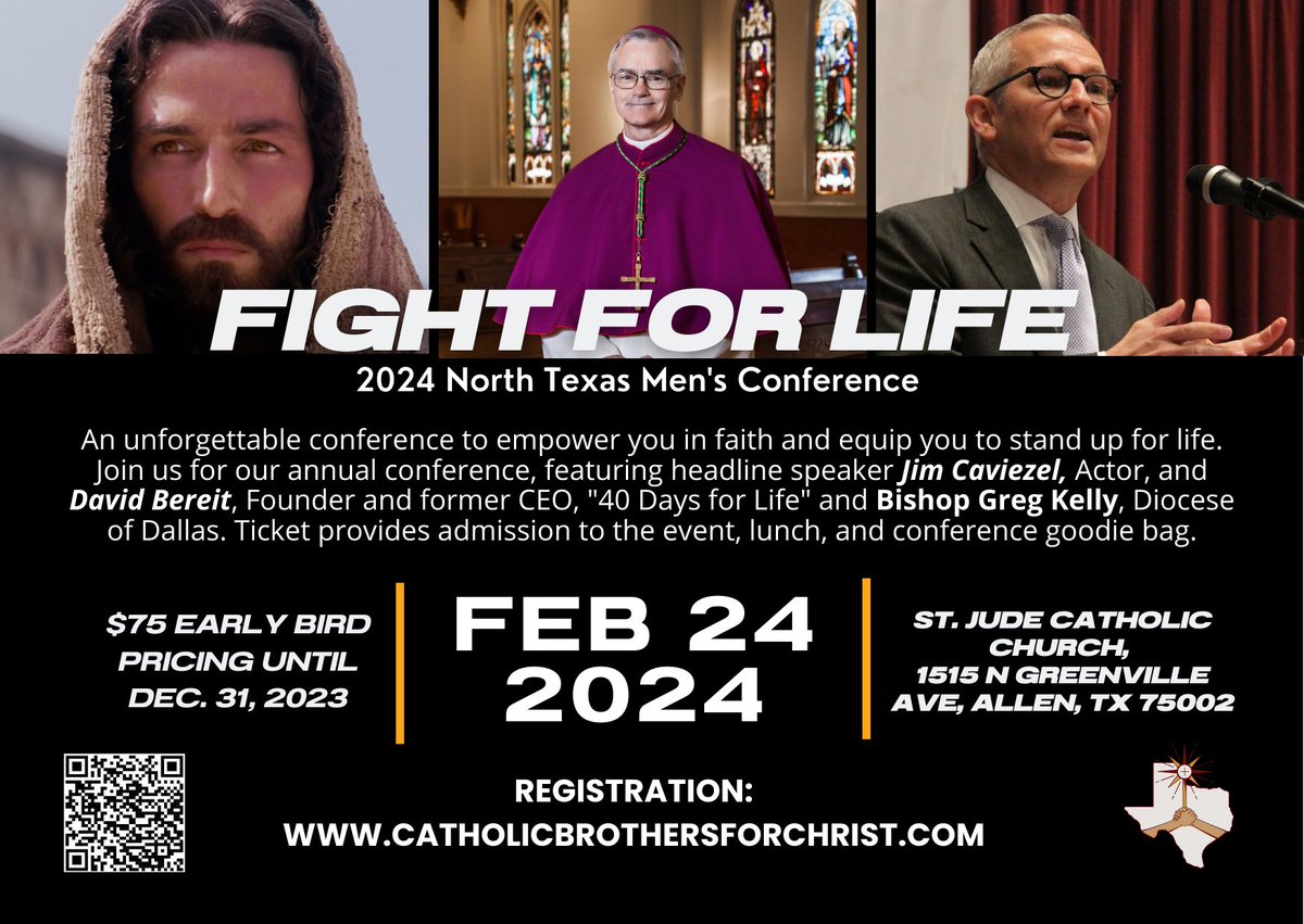NTXCMC's tweet photo. Join the nearly 700 men who have already registered to attend the Feb. 24 #FightForLife men's event at @stjudeparish from 8 a.m. to 4 p.m. and register before this mega event sells out at 1,200.

Conference details &amp; registration: https://t.co/Uj34Wiktjv https://t.co/8tHmRBiocN