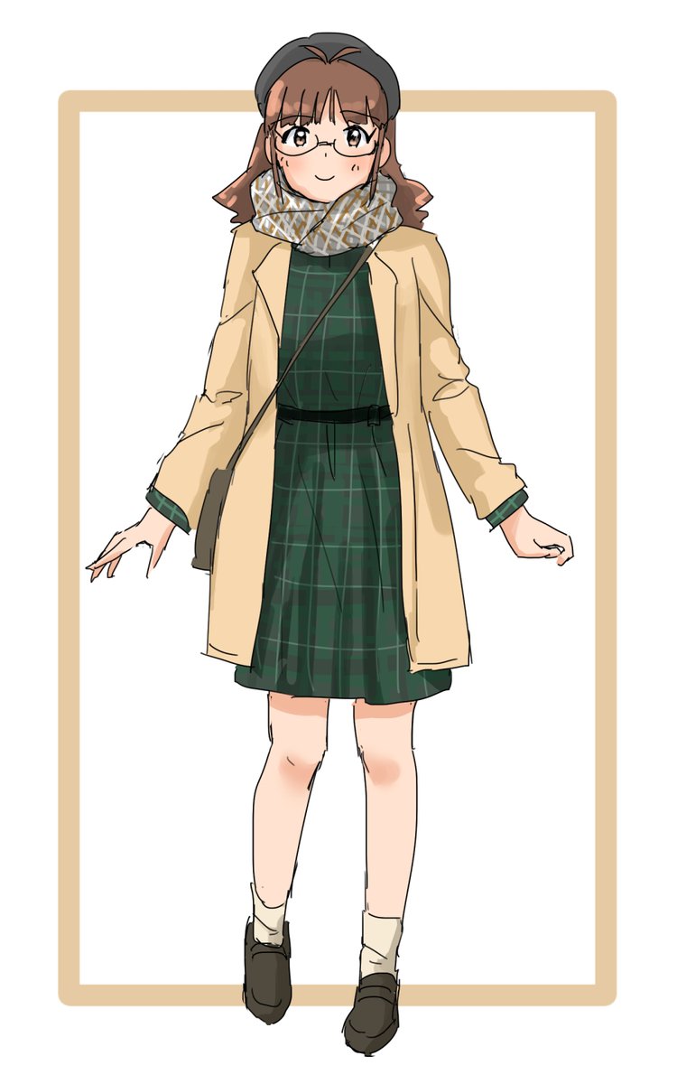 akizuki ritsuko 1girl solo brown hair glasses scarf dress hat  illustration images