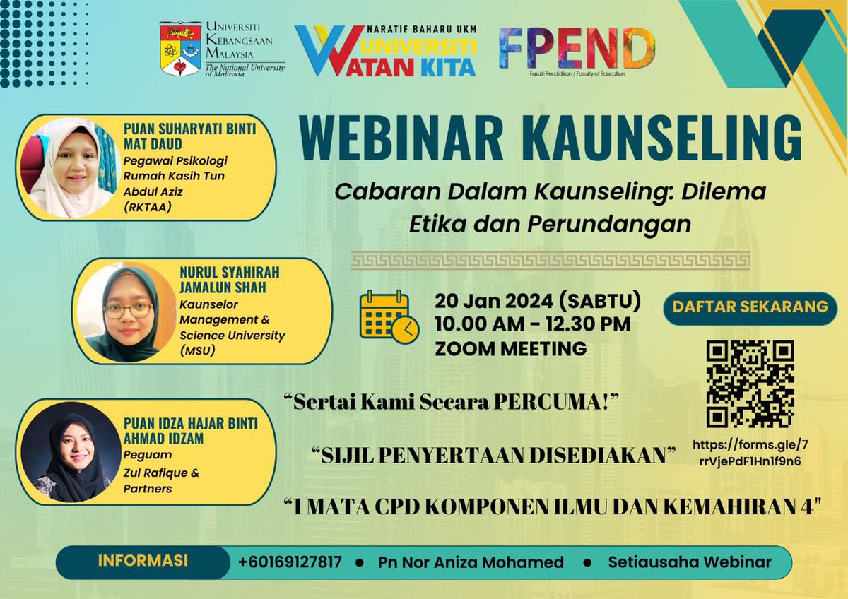 SyazwinaAziz's tweet photo. Assalamualaikum dan salam sejahtera.   

Sukacita dimaklumkan pelajar Etika &amp; Kaunseling UKM sesi 2023/24 akan mengadakan Webinar Kaunseling seperti ketetapan berikut:      

🗓️20 Jan 2024 (Sabtu)
⌚️10.00 pagi hingga 12.30 tengah hari
📍Secara  Dalam Talian (Zoom) https://t.co/BsXEwQqoYZ