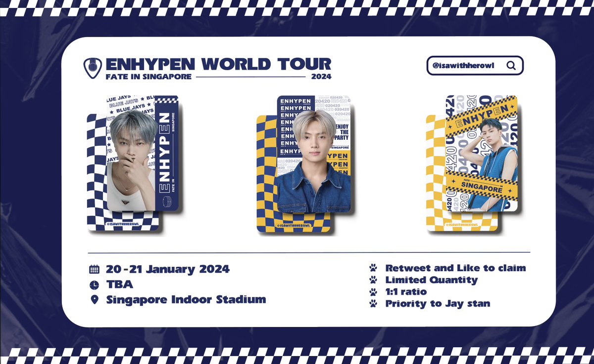 isawithherowl's tweet photo. ੈ✩‧₊˚𝐉𝐀𝐘 𝐅𝐀𝐍 𝐒𝐔𝐏𝐏𝐎𝐑𝐓 ੈ✩‧₊˚

ツPlease kindly help rt and like!

Date: 20 - 21 January 2024
Time: TBA
📍Singapore Indoor Stadium
By @isawithherowl

ღ1 person = 1 set 3 cards
ღPriority to Jay stan 🐈‍⬛
ღDM for trade
#FATE_IN_SINGAPORE #FATE_IN_ASIA #JAY #제이 https://t.co/TbsmSsYINF