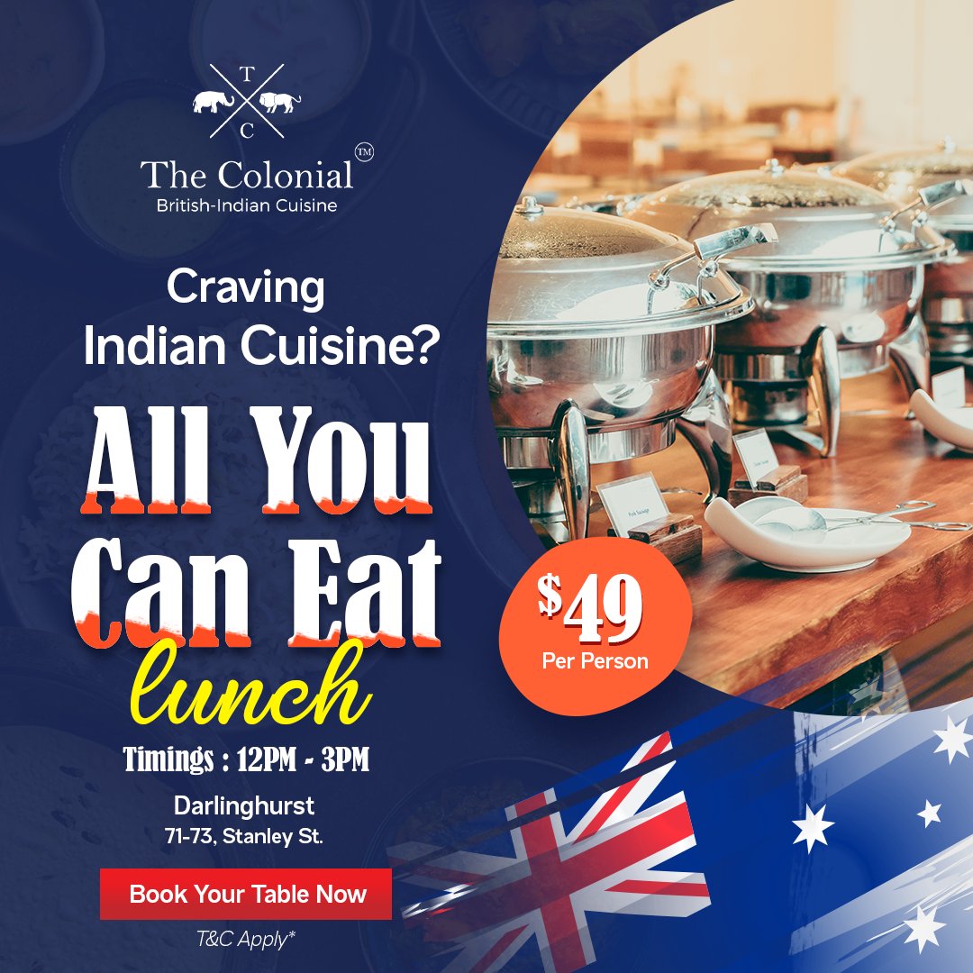 TheColonial_SYD's tweet photo. Join us for an All-You-Can-Eat lunch at The Colonial British-Indian Cuisine, and celebrate Australia Day with British-Indian flavours! 
Make reservations at https://t.co/ncEdqFgewk
📞 1300-405-132
#thecolonialrestaurant #buffetlunch #buffet #allyoucaneat #darlinghurst #lunchtime https://t.co/JnxwSm828Z