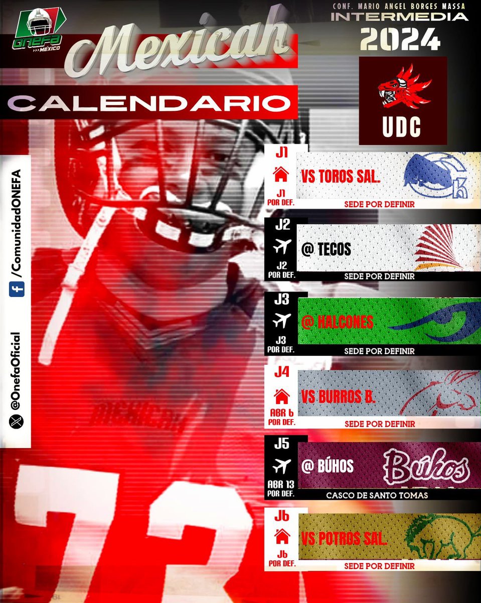 OnefaOficial's tweet photo. Calendario de juegos de los @ProMexicah Categoría Intermedia 2024, Conferencia “Mario Angel Borges Massa” #ONEFA https://t.co/slmLBvBSxu