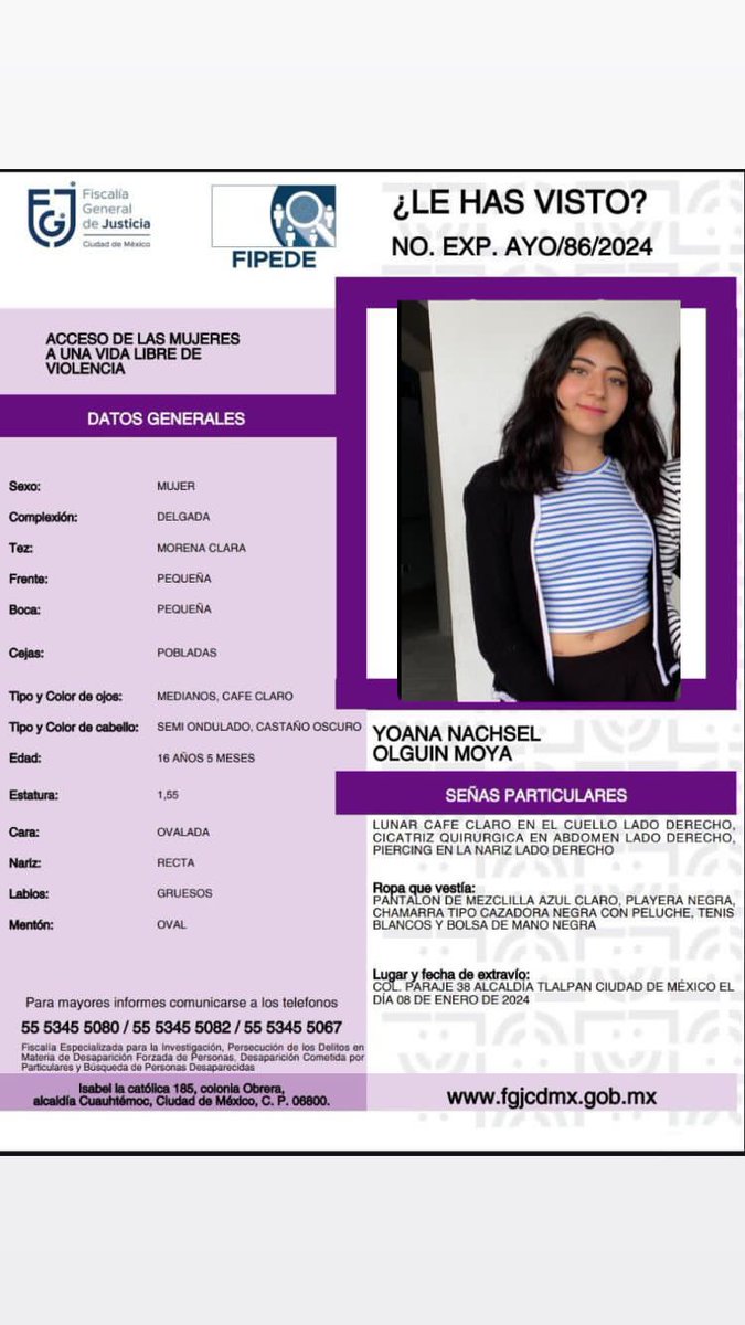 ManoAmiga_UxMx's tweet photo. Se solicita su colaboración en RP y difusión para la localización de YOANA NACHSEL de 16 años, desaparecida en @TlalpanAl 
Vía @FiscaliaCDMX 
@Fam_Unidas_AC @SSC_CDMX @TlalpanVecinos @AjuscoTlalpan  @AztecaNoticias @AMNRDAC1 @QuePocaMadre_Mx @botDesaparecidx https://t.co/ZpdDLrMd4r