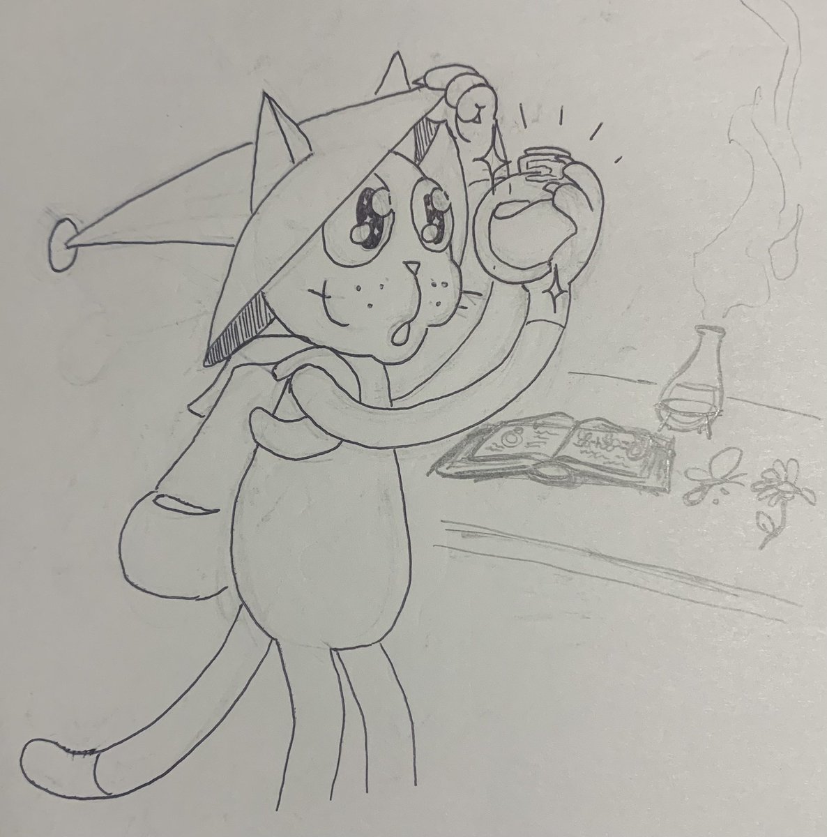 BaumKatze_'s tweet photo. mittens and his first potion ( i regret not bringing my drawing tablet ) https://t.co/7LWkfii79U