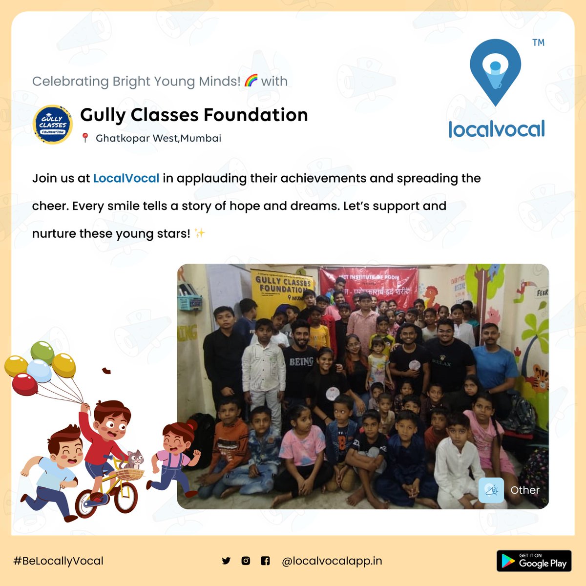 LocalVocalApp's tweet image. 🌟 Celebrating the brilliance of Gully Classes Foundation's young minds on LocalVocal!🎉
👏🏻Applauding their achievements and spreading joy 🌈
Let's nurture these stars
localvocalapp.in/get-app
for a brighter future🚀
#GullyClassesFoundation #LocalVocal #YoungAchievers #Trending