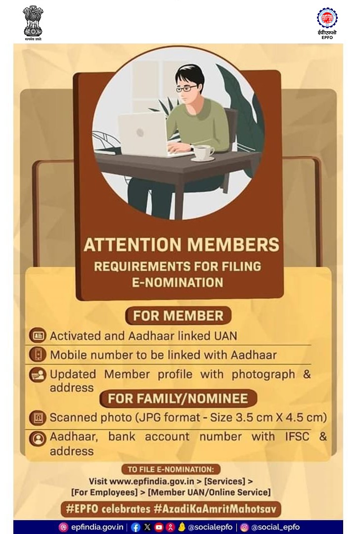 officialepfo's tweet photo. If you want to file an EPFO e-nomination, It can easily be done online. Here is a step-by-step procedure. 

EPFO lists out the requirements for filing e-nomination. 

#EPFOeNomination #Enomination #SocialSecurity #EPFO #EPS #EPF #Employees #EPFOwithYou #HumHaiNa https://t.co/1DXiCGMWGz
